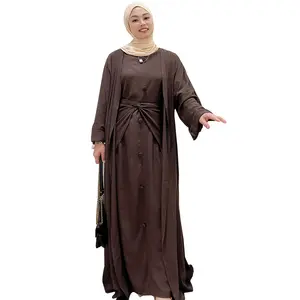 2023イスラム教徒の女性の服3個の無地のドレスマッチングイスラム教徒のセットアバヤ
