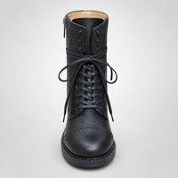 Bottes de combat en cuir véritable pour femmes, avec détails brogues, lacets, fermeture éclair latérale, talon bloc, style rétro, mi-mollet, chaussures automne/hiver