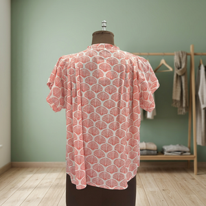 Blusa de Mujer Estilo Coreano Vintage, 100% Algodón, Estampado de Conchas Rosadas, Manga Casquillo, Cuello Mao, Botones, Informal, Primavera-Verano, Corte Regular - Product Image 4
