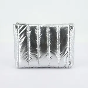 Fashion Women Quilted Makeup Bag Nylon Puffy Shiny Silver Puffy Cosmetic Bag