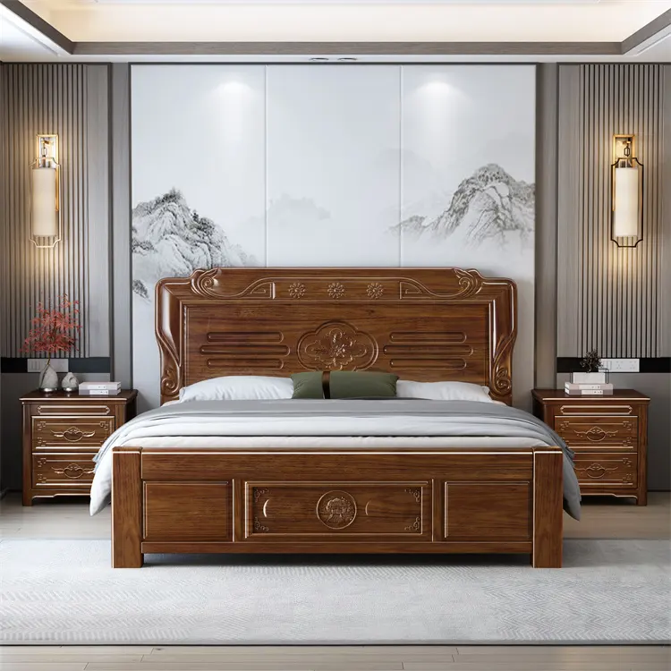 Camas de madeira modernas, mobília de quarto de casal, cama de madeira maciça chinesa de luxo extra grande