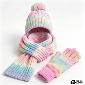 CUSTOM Children Knitted <b>Hat</b> <b>Scarf</b> Gloves Set Rainbow Striped 3 Piece Warm Winter Wear Hand Made Acrylic TOOHOO - Product Image 2