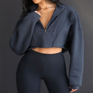 New Style French Terry Cropped Raw Hem Hoodies Mock Neck <strong>Quarter</strong> <strong>Zip</strong> Pullover <strong>Women</strong> Crop <strong>Sweatshirt</strong> - Product Image 6