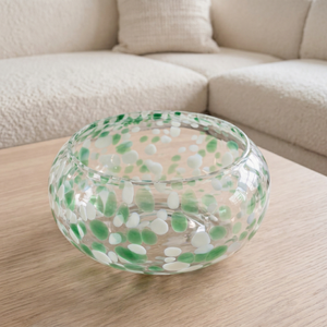 Portavelas de Vidrio Soplado a Mano Verde con Puntos Blancos, Resistente al Calor, Vidrio Reciclado para el Hogar, Navidad, Bodas y Fiestas - Product Image 1