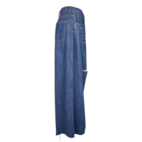 Celana Jeans Wanita Katun Bernapas Pinggang Tinggi Model Kaki Lebar Sobek Vintage Sand Washed Longgar Lurus Denim Kasual Harian ODM Berlubang