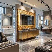 Miroir LED mural en acier inoxydable brossé doré, étanche, moderne, sur mesure OEM, avec meuble de salle de bain de luxe