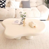Ensemble Table Basse Moderne Créatif en Fibre de Verre Blanc Crème Ondulé, Design Table Centrale en Bois pour Salon, Mobilier de Maison et Villa