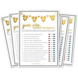 Tarjeta de adivinanzas personalizada de papel de aluminio dorado para mamá o papá, tarjeta de actividad de fiesta neutral de género, tarjetas de juego divertidas para Baby Shower - Product Image 3
