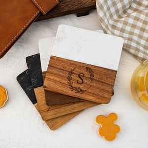 Juegos de Regalo para Boda, Posavasos Decorativos de Madera de Acacia Hexagonal, Mármol y Bambú, Personalizados - Product Image 4