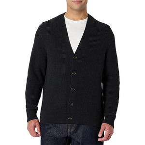 Custom Spring Autumn Ribbed Sleeve Cuffs Jumper Deep V-neckline Men's Relaxed-Fit Cotton Blend Cardigan - Product Image 1