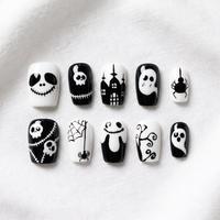 Faux ongles en acrylique à presser, courts, design carré, pour Halloween, peints à la main, motifs chauve-souris, fantôme, toile d'araignée, avec colle