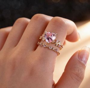 Exquisite Gold Inlaid Heart-Shaped Zircon Rhinestone <b>Ring</b> Set for Women Fashion <b>Stacked</b> Zircon Stone Heart Engagement <b>Ring</b> Set - Product Image 5