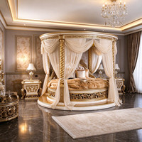 Lit King Size Style Palais Européen avec Cadre et Baldaquin Rond Doré, Ensembles de Meubles de Chambre Principale, Mobilier de Maison