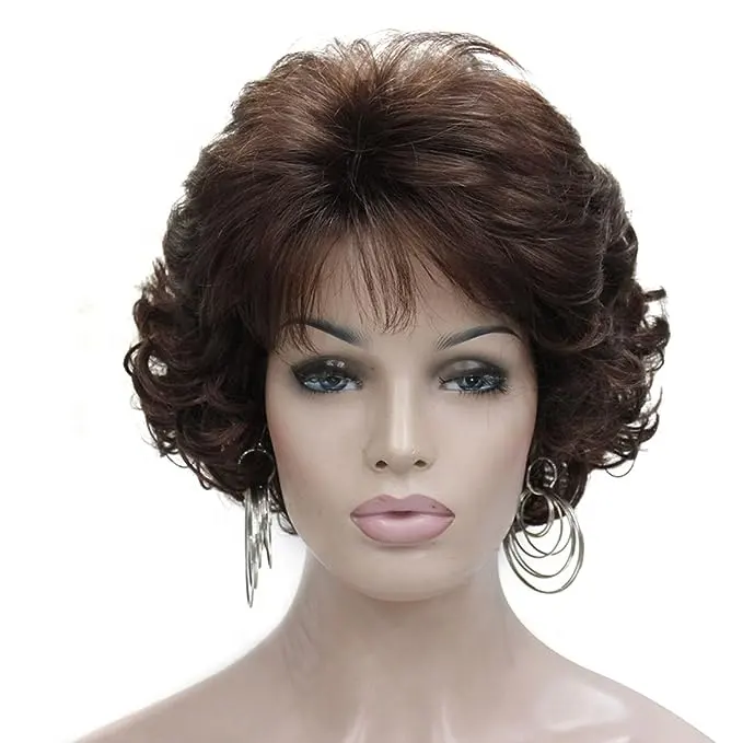 HAVEN HAIR 10 Inch Short Black Curly Wavy Synthetic Hair Wigs With Hair Bangs for Women Dark Brown