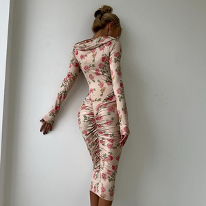 Vestido Ajustado de Manga Larga con Estampado Floral y Hombros Descubiertos, Estilo Europeo Americano para Mujer, Otoño 2025, Ropa de Cóctel - Product Image 2