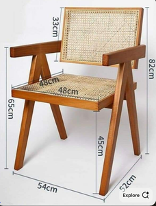 Chaise de salle à manger moderne en cuir et bois massif de style nordique, avec accoudoirs et dossier en fausse rotin tressée, pour la maison, le salon, l'hôtel, le balcon - Product Image 4