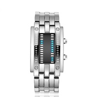 Jam Tangan Fashion LED Iron Man Double Line Binary Mewah Layar LED Baja Tahan Karat Jam Tangan Digital Pria