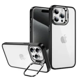 2024 nuevo diseño 2 en 1 soporte de lente de Metal funda de teléfono transparente para iPhone 14 Pro Max 15 Plus cubierta de protección de Color de suministro ODM