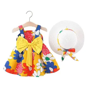 Bären träger Sommerkleid Kleinkind Mädchen Kleider New Cartoon Cute Print Baumwolle Baby Prinzessin Kleid Sonnenhut Neugeborene Kleidung Set 5