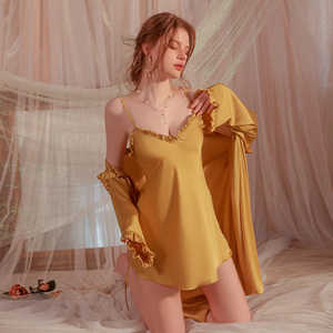Nuovi indumenti da notte estivi in tinta unita da <span class=keywords><strong>donna</strong></span> in raso di seta con volant rifilati da notte e vestaglia <span class=keywords><strong>pigiama</strong></span> sexy vestiti per la casa vestito 2199 - Product Image 3