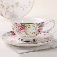 Ensemble tasse et soucoupe en porcelaine fine 200 ml avec anse dorée, passe au lave-vaisselle, design floral minimaliste, pour thé de l'après-midi et expresso, coffret cadeau