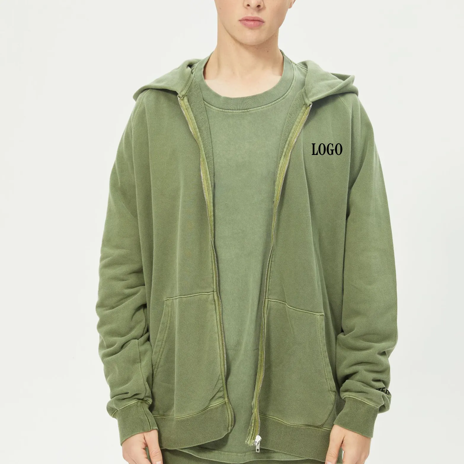 Wholesale Vintage Hoodies Men High Quality French Terry Cotton Couple Loose Custom Green Zip up Unisex Hoodie