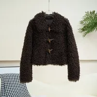Nouvelle Veste Courte en Vraie Laine et Fourrure avec Doublure en Daim pour Femme, en Laine d'Agneau et Boutons en Corne, Modèle JT635