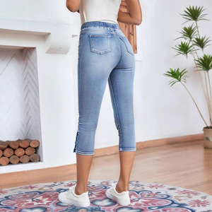 Pantaloni Capri <span class=keywords><strong>in</strong></span> Denim Elasticizzato da <span class=keywords><strong>Donna</strong></span> <span class=keywords><strong>con</strong></span> <span class=keywords><strong>Elastico</strong></span> <span class=keywords><strong>in</strong></span> <span class=keywords><strong>Vita</strong></span> e Cordoncino, Vestibilità Skinny, <span class=keywords><strong>Jeans</strong></span> Casual a Gamba Corta - Product Image 3