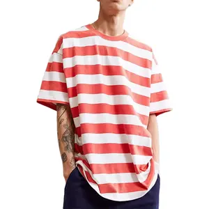 Summer Casual 100% Cotton Custom Stripe Drop Shoulder Customized Logo Mens Oversized Crewneck Color Block T Shirts