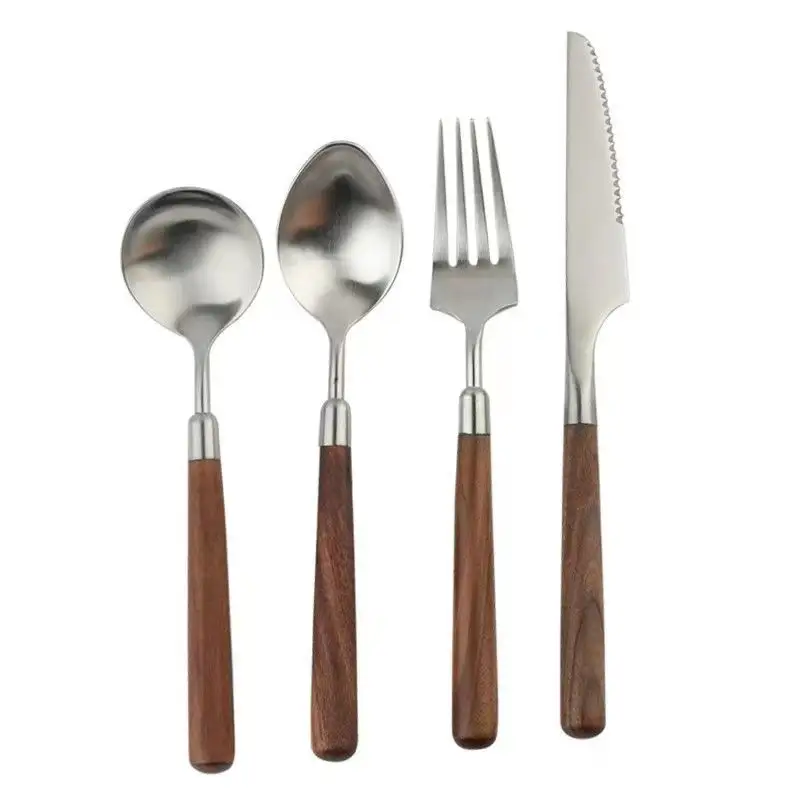 Großhandel Haushalt Speise hochwertiges Besteck-Set retro Holzgriff Edelstahl Löffel Gabel und Messerschnitz Besteck-Set