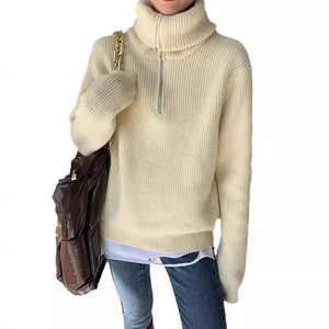 Suéter de punto holgado con cremallera para mujer, colores blanco roto, gris, negro, rosa, caqui, azul, camel, talla única, cuello polo, estilo japonés y coreano - Product Image 5