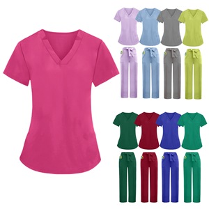 HZMNOI Women's Scrub Set V-Neck <b>Top</b> And Straight Leg Pants Moisture Wicking Solid Color Hospital Uniforms S XXL - Product Image 1