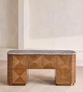 Custom Carved Wood Writing <b>Desk</b>, Natural Marble Top Office <b>Desk</b> with <b>Storage</b> Cabinet, Brass Base Luxury Home Office <b>Desk</b> - Product Image 2