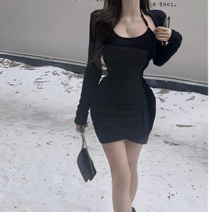 Halter Neck Long Sleeve Dress Black Asymmetric Pencil Silhouette Autumn Style Tight Fitting Short Skirt - Product Image 1