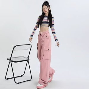 High-waisted Casual Sweet-and-cool Cotton Solid Loose Fit Wide Leg <strong>Cargo</strong> Pants <strong>Womens</strong> Versatile <strong>Cuffed</strong> American-style Chic - Product Image 2