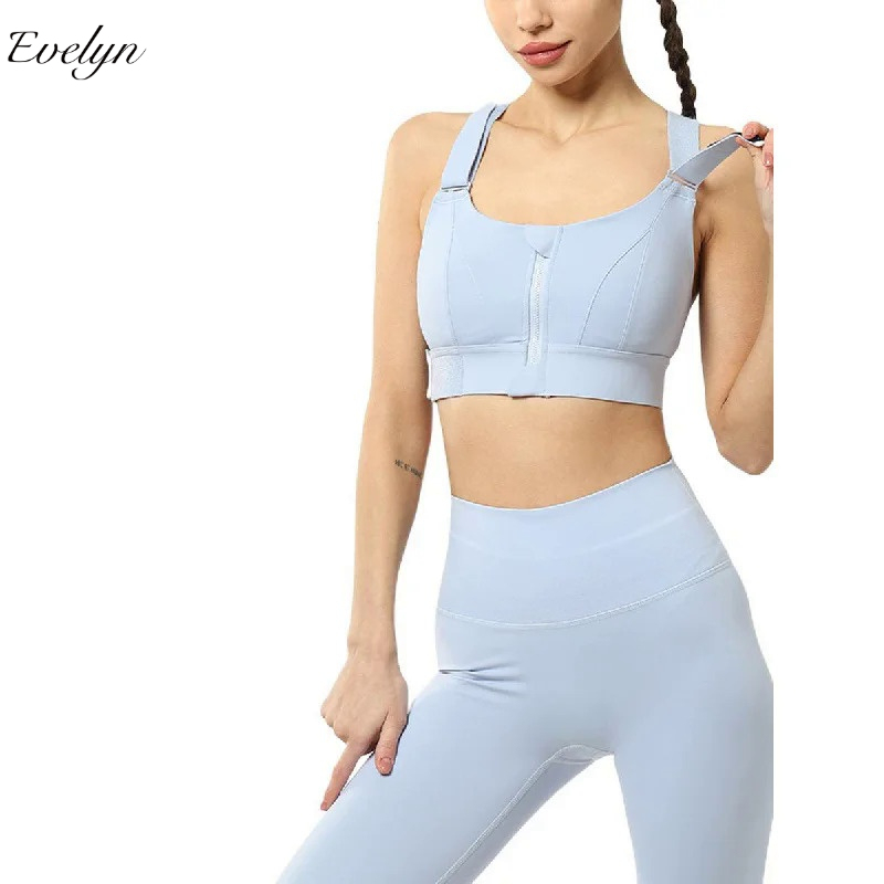 EVELYN OEM ODM High Support Women's Workout Bra Spandex Nylon Material Removable Chest Pad Front Zipper for Yoga Gym
