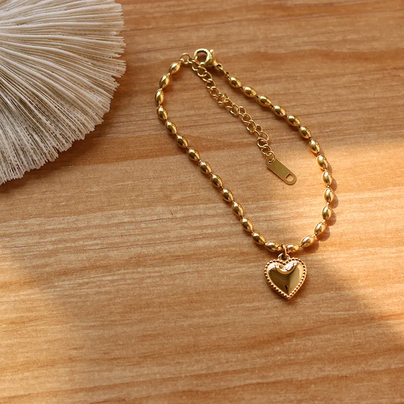 Wholesale Custom 18K Gold Plated Stainless Steel Chain Link Chic Love Beads Heart Charm Bracelet