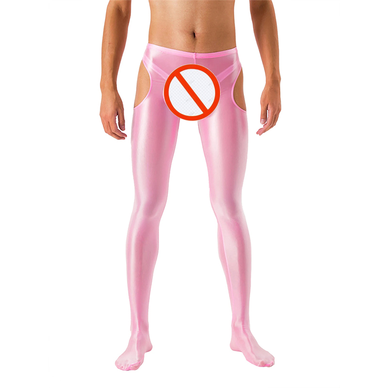 Pink Unisex Glossy Crotchless Pantyhose Footed Leggings