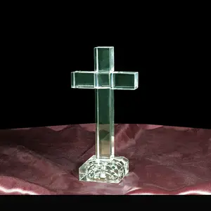 MH-15025 clear crystal glass cross with led base religious glass cross gifts