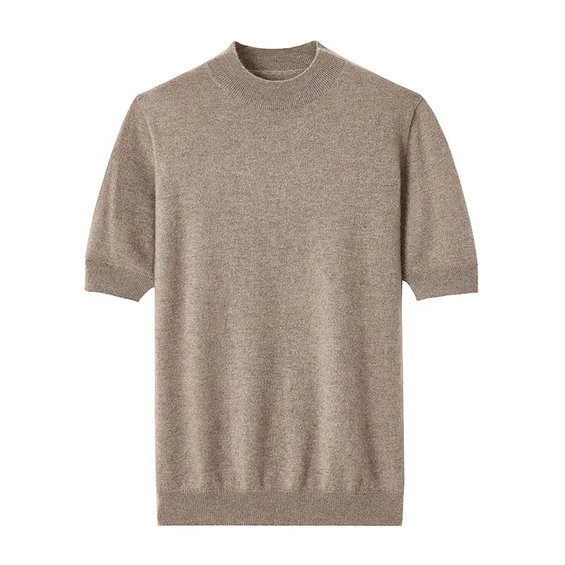 Wholesale Custom 100 Cashmere Tshirt Knit to Shape Round Neck Half Turtleneck Short Sleeve Pullover Shirt Solemn Men's Knitwear