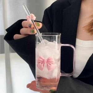 Cute Double <b>Bow</b> Square Glass Tumbler with Handle Straw Heat Resistant Elegant Female Style Glass Cup for Office Daily <b>Gifting</b> - Product Image 4
