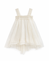 Gaun Pengiring Pengantin Mewah untuk Anak Perempuan dengan Hiasan Manik-Manik Buatan Tangan, Rok Tulle Bermotif Glitter, Model High-Low Hem untuk Pernikahan ODM