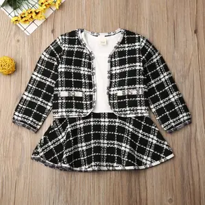 Mới mùa thu bé gái quần áo cotton kẻ sọc áo khoác váy đan móc áo len quần áo bé gái trang phục mùa thu