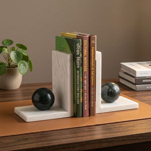 Modern Marble Bookends with Decorative Ball Accent Book Holder Set for <b>Bookshelf</b> Office Living Room Tabletop Home Décor Organize - Product Image 2