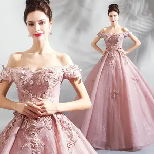 Gelin elbise 2022 yeni tasarım 3D çiçek çizgili ziyafet prenses kapalı omuz tozlu pembe kabarık abiye