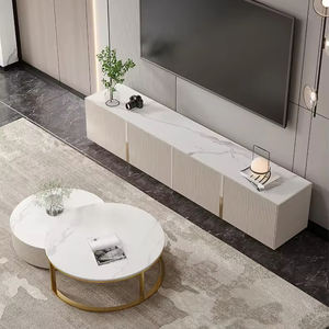 Mobile TV Lungo Stile Minimalista Bianco con Piano in Pietra, Centro Multimediale per Arredo Soggiorno - Product Image 2