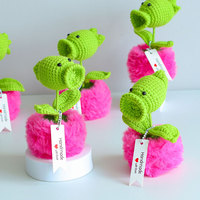 Handgemaakte gehaakte erwtenpistool-potplant, katoenen bloemenboeket & fruit, esthetisch bureau-ornament, uniek creatief cadeau