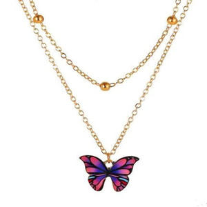 Collar de mariposa colorido con cadena de cuentas de doble capa, joyería dorada para fiesta, cadena de clavícula para mujer, colgante de moda, accesorio de moda - Product Image 5