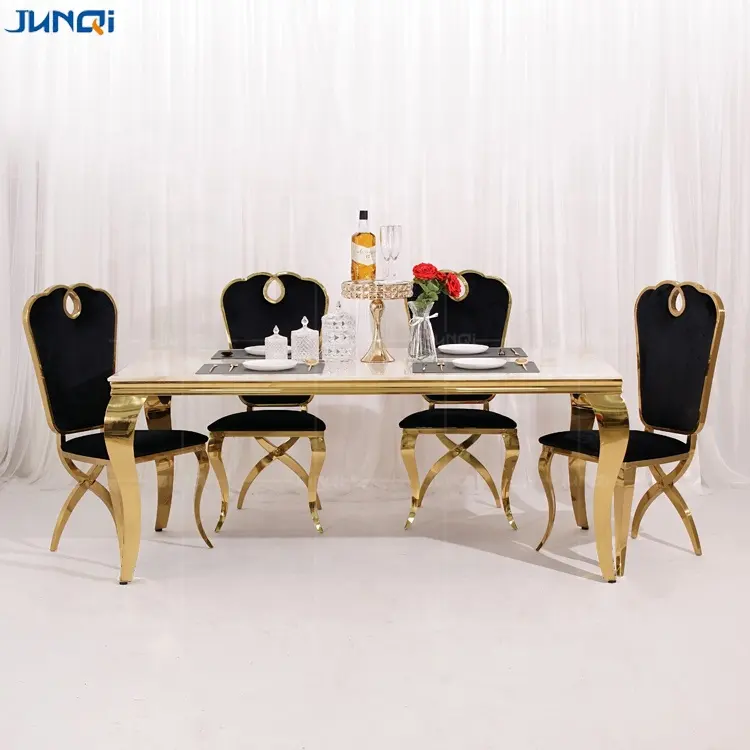 Junqi luxo branco preto jantar mesa conjunto 4 6 8 lugares ouro aço inoxidável mármore redondo top mesas de jantar e cadeiras