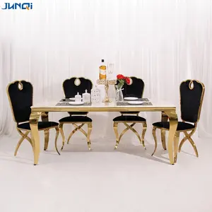 Junqi 럭셔리 화이트 블랙 식탁 세트 4 6 8 인승 골드 스테인레스 스틸 라운드 대리석 탑 식탁과 의자